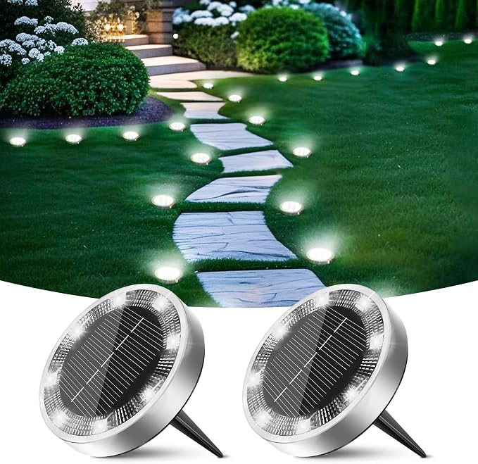 Solar Ground Lights Outdoor, 2 Pack Flat Solar Powered Disc Lights, IP68 Waterproof, Anti-Rust, Landscape Lighting for Pathway Garden Yard Lawn Walkway Landscape Driveway, Mini, Cool White