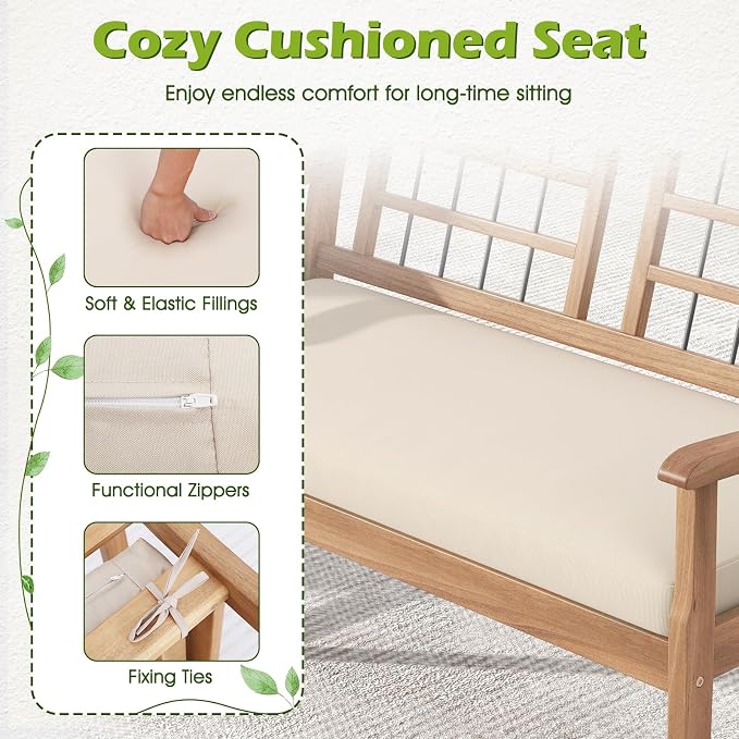 Tangkula 4 Piece Wood Patio Furniture Set, Outdoor Conversation Set w/Soft Seat Cushions, Solid Acacia Wood Frame, 2 Armchairs, Loveseat & Coffee Table Set for Backyard, Porch, Poolside (White)