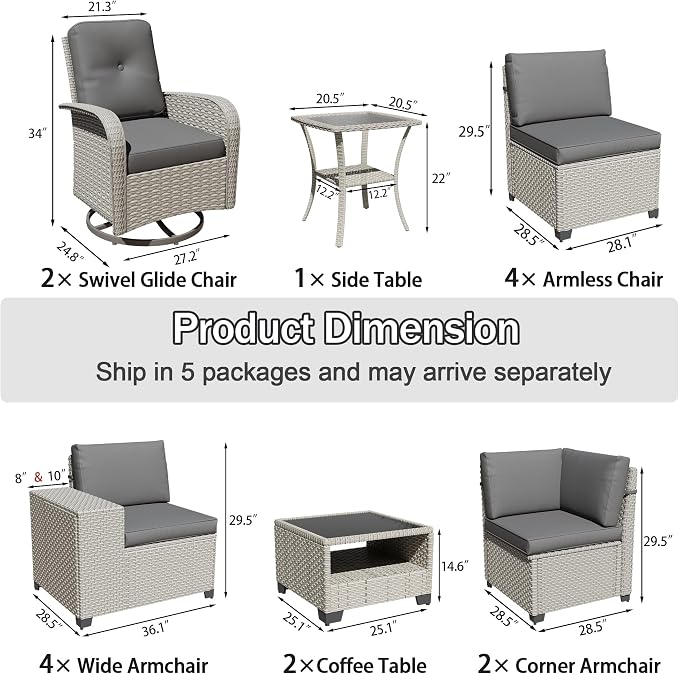 15-Piece Outdoor Patio Furniture Set, Modular Sectional Sofa Set with Swivel Rocker Chairs, Wicker Outdoor Couch Conversation Sets w/Coffee Table and Cushions, Gray