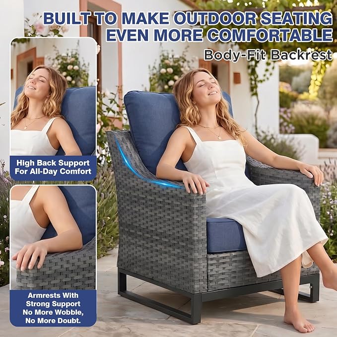 8 Piece Patio Furniture Set, 360°Swivel Glider Patio Chairs Set of 2, Outdoor 2 Wicker Chairs, 2 Ottomans, Sofa ,Side Table All-Weather Wicker Patio Set With 6 Inch Thick Cushions For Balcony Garden