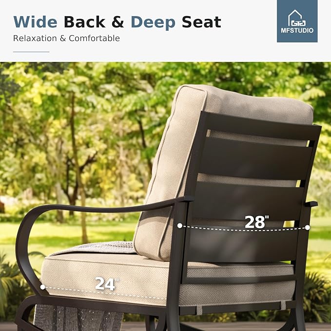 MFSTUDIO 4 Pieces Patio Conversation Sets(5 Seat),Outdoor Metal Furniture Sofas with 1 Loveseat(3 Seat), 2 Rocking Chairs,1 Coffee Table,Wrought Iron with Beige Cushion for Patio Courtyard Balcony