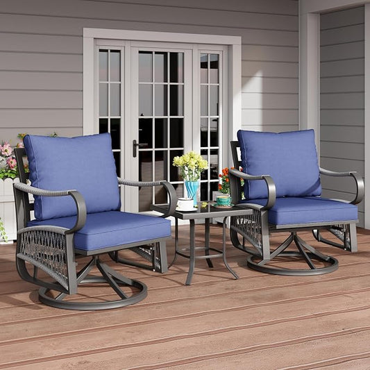 3 Piece Patio Furniture Set, Rope Woven Outdoor Conversation Set with High Back Metal Swivel Chairs and Coffee Table, Thick Cushions for Garden, Porch, Blue
