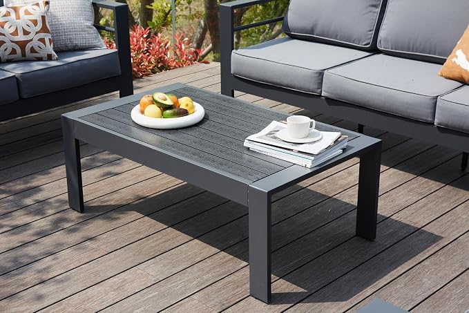 Amopatio Outdoor Coffee Table, Aluminum Modern Patio Coffee Tables with Imitation Wood Top for Balcony Garden Backyard, Dark Grey