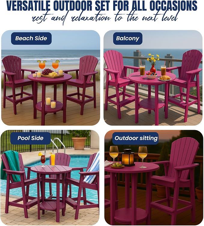 Phat Tommy Round Bar Height Patio Table - Outdoor Bar Table - Balcony Height Patio Furniture for Your Deck - Poly Outdoor Furniture, Dark Red