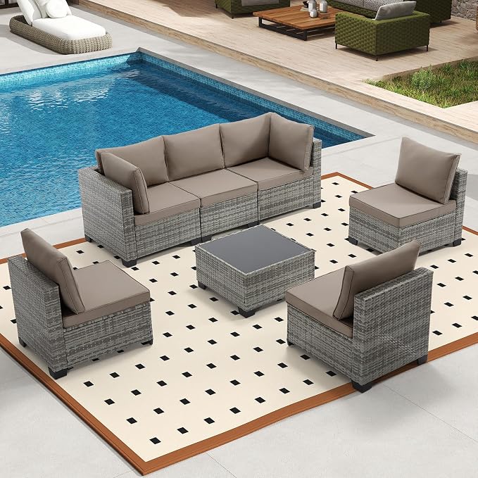 Bonzy Home 7 Pieces Outdoor Patio Furniture Set, PE Rattan Outdoor Sectional Furniture Sofa Set with Removable Cover and Glass Coffee Table, Patio Sofa for Balcony, Porch, Garden, (Grey-Khaki)