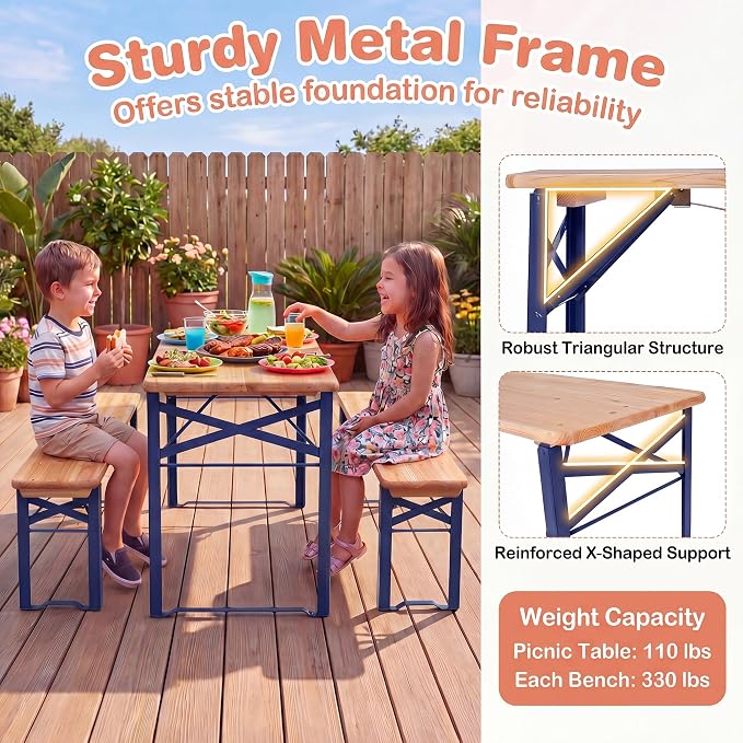 HONEY JOY Kids Picnic Table, 43.5 Inch Folding Toddler Outdoor Table & 2 Benches, Fir Wood Top & Metal Frame, No Assembly, Portable Easy to Store Camping Table and Chairs for Patio Backyard (Blue)