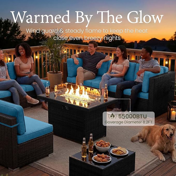 LayinSun 8 Piece Patio Furniture Set with 44" Propane Gas Fire Pit Table, Outdoor Sectional Conversation Set Wicker Rattan Sofa Set with Coffee Table
