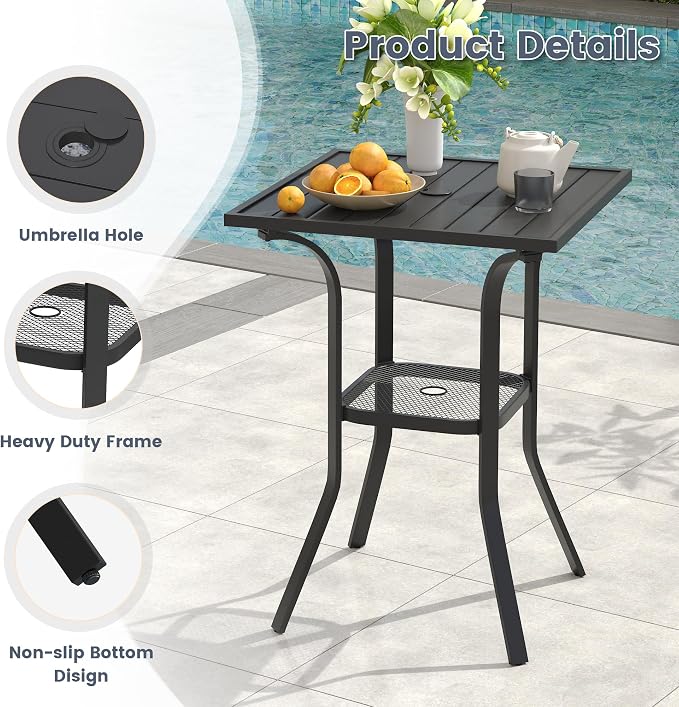 VICLLAX Patio Bar Height Table, Outdoor Square Bistro Table with Umbrella Hole, Metal Frame and Slat Design, Ideal for Patio Lawn Backyard Porch, Black