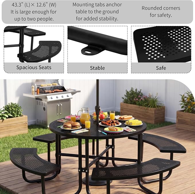 46" Outdoor Round Perforated Picnic Table Metal Camping Table with Umbrella Hole - Heavy Duty Steel Mesh Picnic Bench Set for Backyard Garden Deck, Black