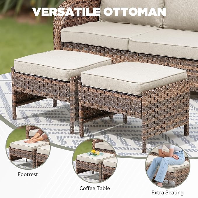 6 PCS Patio Furniture Set, 2 Outdoor Wicker Sofas & 2 Swivel Rocking Chairs with 2 Ottomans, 4-Inch Thick Olefin Cushions, 300 lbs Capacity Rattan Conversation Set for Porch, Beige