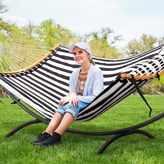 SUNCREAT Hammocks for Outside with Stand, Porch Hammock and Stand, 475 lbs Capacity, Patent Pending, Black & White