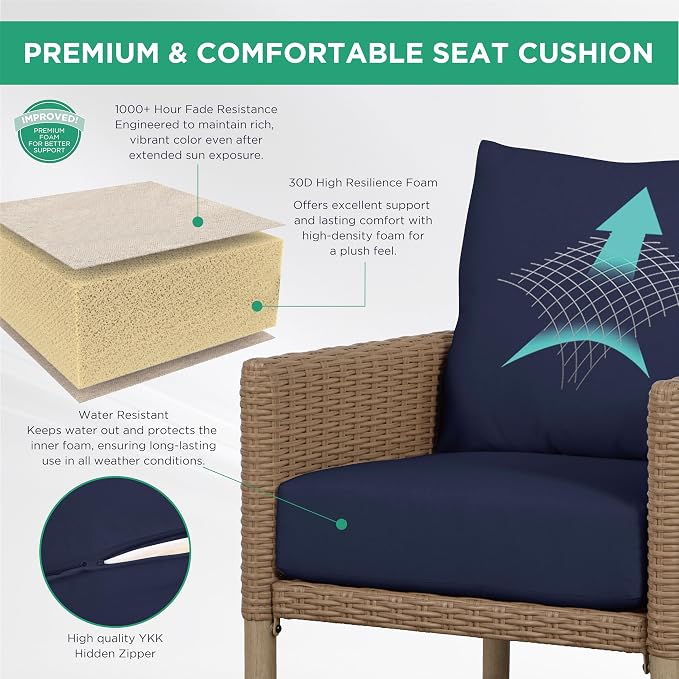 4-Piece Wicker Patio Furniture Set, Outdoor Conversation Set with Coffee Table and Removable Thickened Cushions, Modern Sectional Sofa for Backyard, Garden & Lawn, Blue