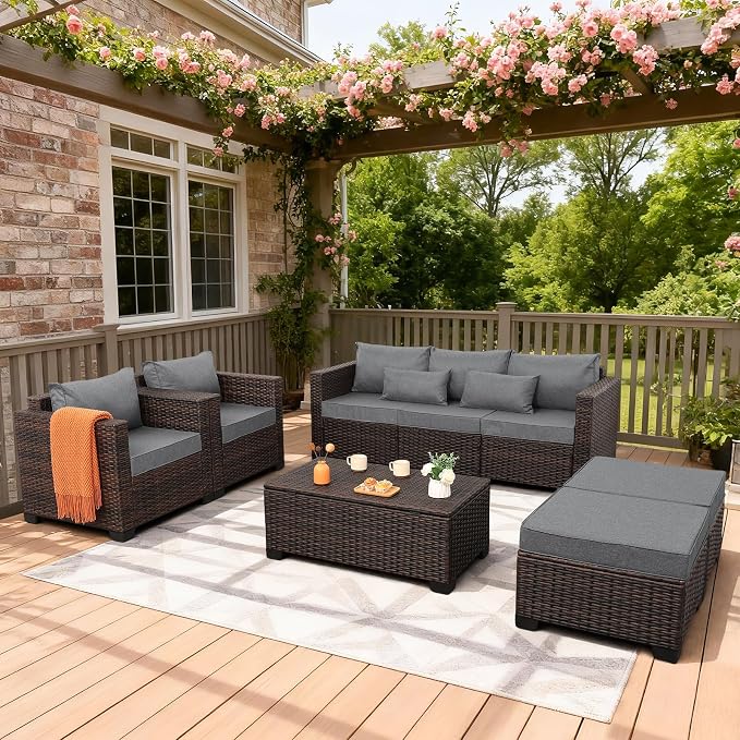 Oasishine Wicker Patio Furniture Set 6 Pieces Outdoor Furniture Chairs and Couch Storage Table Anti-Slip Cushions and Waterproof Covers, Dark Grey