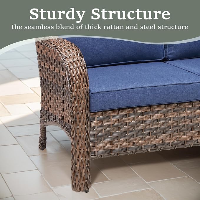 Outdoor Wicker Sofa & Coffee Table Set, 2 PCS Patio Sofa with 4" High-Resilience Cushions, Ergonomic Curved Armrests & 300lb Heavy Duty Frame for Small Spaces, Porch, Balcony, Blue