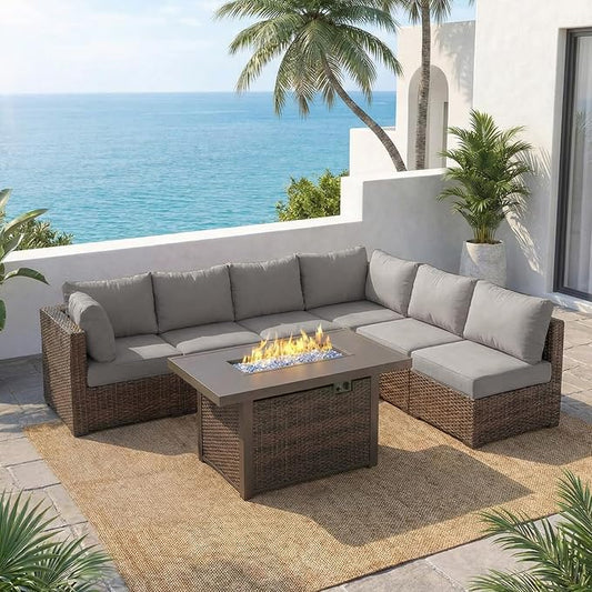 7 Piece Outdoor Patio Furniture Set with 42" Fire Pit, Wicker Furniture Sectional Conversation Sofa Set with Comfortable Cushions, Grey