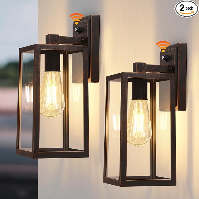 Dusk to Dawn Porch Light Fixtures, Black Brushed Gold Exterior Lighting Lamp, Sensor Wall Lantern, Waterproof Outdoor Wall Sconce for House Doorway, Garage 2 Pack