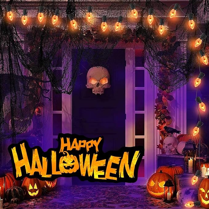 C7 Christmas Flicker Flame String Lights, 25Ft C7 Outdoor Christmas Decorations String Lights with Clear Flicker Flame Bulbs, Hanging Patio Lights for Christmas Halloween Party Garden Porch-Black