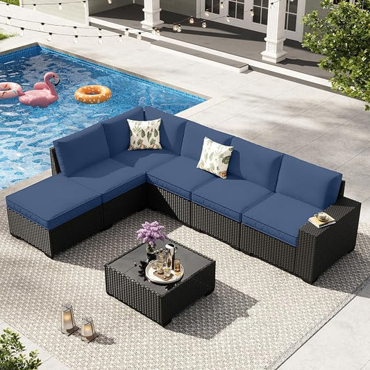 7-Piece Outdoor Patio Furniture Set, Modular Wicker Sectional Sofa with Thick Cushions & Coffee Table, All-Weather Rattan Conversation Set for Backyard, Porch, Poolside, Navy