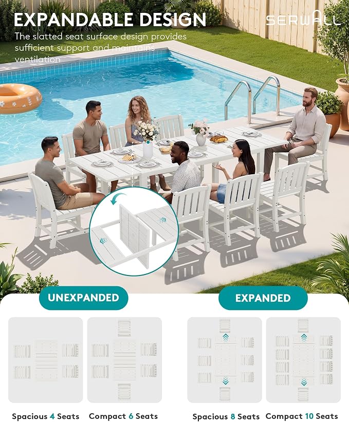 SERWALL Outdoor Patio Dining Set for 6, White | 60" - 83" Expandable Outdoor Dining Table and 6 HDPE Chairs, All Weather Material Outdoor Furniture Set Backyard, Garden