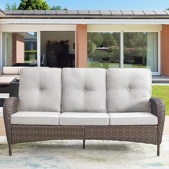 HUMMUH Outdoor Patio Couch with Thick Cushions Patio Sofa for Deck Lawn Porch Balcony Poolside-Brown/Beige