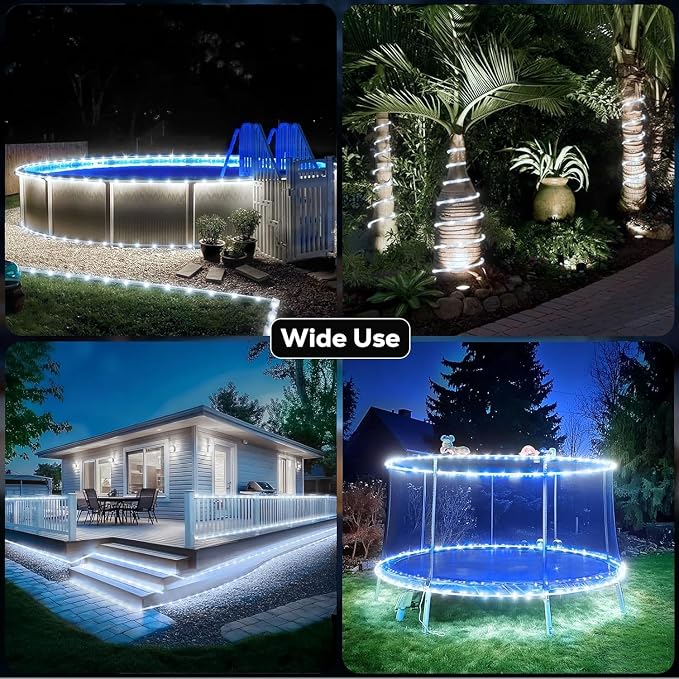 ICRGB Solar Rope Lights Outdoor, 39FT 100 LED (Cool White, 39FT) | With Remote, Waterproof, 8 Modes, for Outdoor Patio Porch Tree Wedding Christmas Pool Garden Decorative