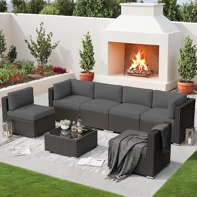 SUNCROWN 7-Piece Outdoor Patio Furniture Sofa Set All-Weather Black Wicker Sectional Conversation Set with Modern Glass Coffee Table and Cushions, Backyard, Garden, Poolside, Grey