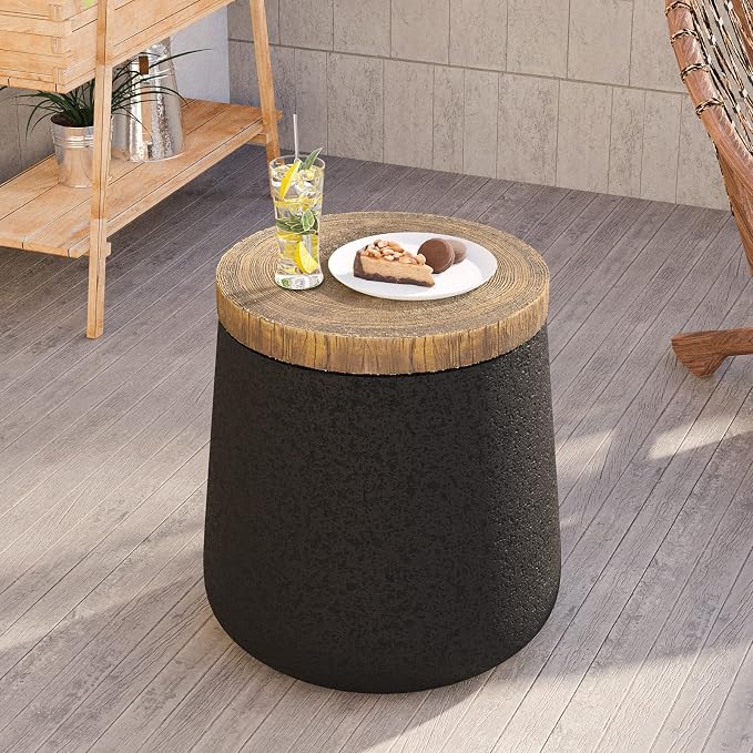 HOMPUS Outdoor Concrete Side Table, Modern Cylinder Pedestal End Table, Home Decor Small Accent Table w Wood Grain Top, Multi-Functional Round MgO Coffee Table, Round Planter Stand for Garden, Black