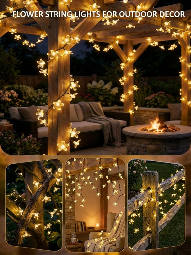 ITICdecor 2 Pack 50 LED Solar String Lights Outdoor Waterproof Flower Solar Lights for Garden Yard Fence Patio Christmas Tree Wedding Party Decor(Warm White)