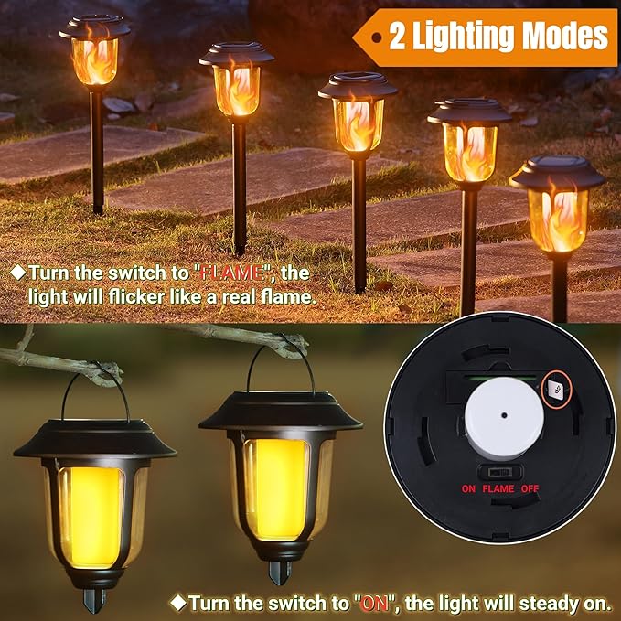 Dynaming Dual Use Solar Flame Lights Outdoor 6 Pack, Solar Flickering Flame Pathway Lights, Hanging Lantern Light, Auto On/Off & Waterproof for Garden Lawn Patio Yard Walkway Deck Driveway