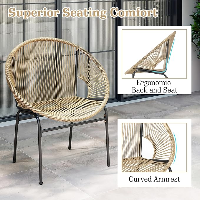 COSTWAY 3-Piece Outdoor Acapulco Chair Set, Wicker Conversation Bistro Sets with Plastic Rope, Glass Top Table, Patio Rattan Furniture Set for Garden, Balcony, Lawn, Backyard, Apartment (Brown)