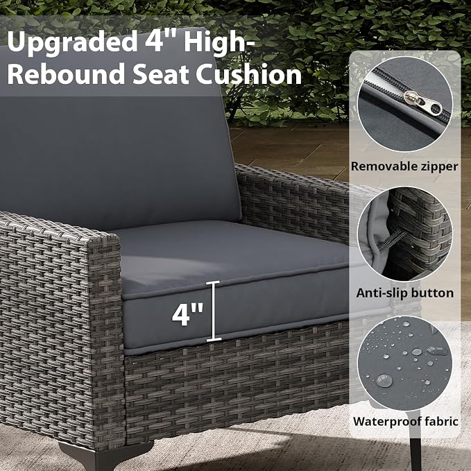 Jing's Villa 2-Piece Outdoor Sectional Single Chair Set, All-Weather Wicker Patio Furniture with L/R Armrest & Cushions, Comfortable Garden Conversation Set for Backyard, Poolside, Deck,Grey