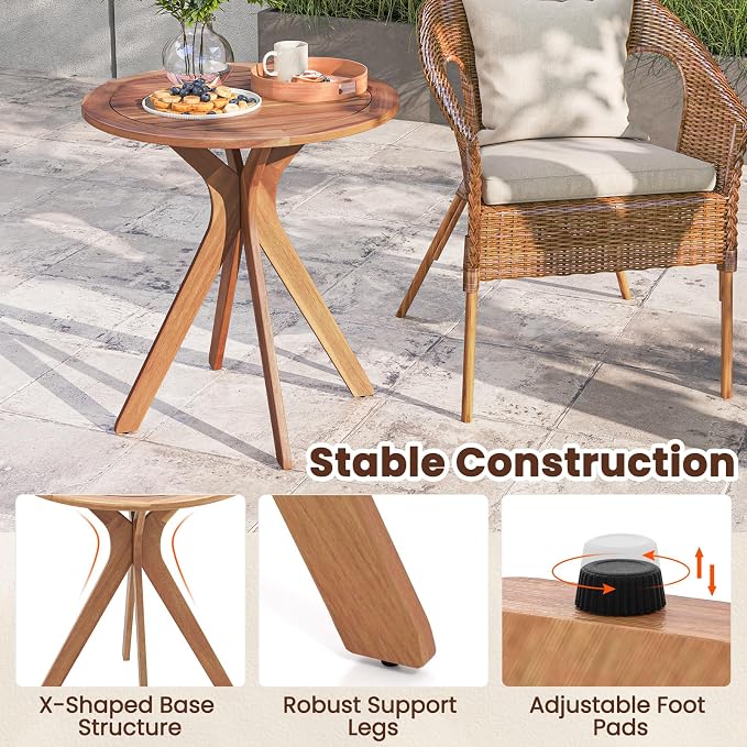 Tangkula 27.5 Inch Acacia Wood Outdoor Patio Bistro Table, Round Wooden Table w/X Base, Coffee Side Bistro Table for Garden, Backyard, Patio, Living Room (Teak)