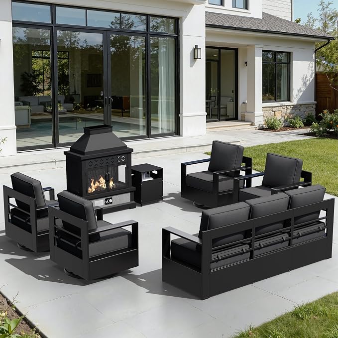 Outdoor Aluminum Furniture Set, 5-Piece Patio Conversation Set, 4 Swivel Chairs, 1 Sofa and 1 Fireplace, All-Weather Metal Frame, 6" Thick Removable Cushions, Deep Setting for Garden, Porch