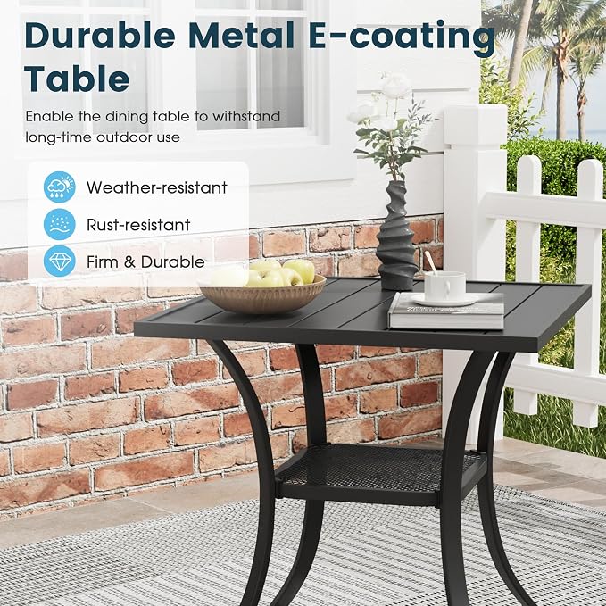 3 Pieces Patio Dining Set, 28" Square Dining Table with Storage Shelf, 2 Stackable Textilene Fabric Chairs, Metal Structure for Patio, Porch, Garden(Black Table, Blue Chair)