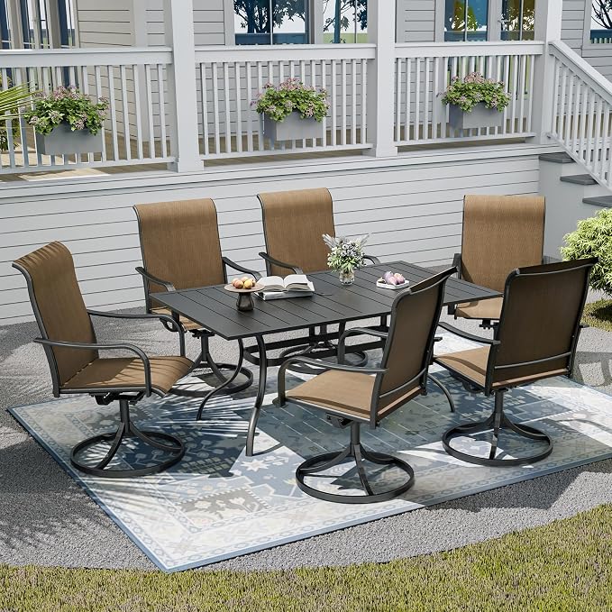 7-Piece Outdoor Dining Set with Umbrella Hole,63"x 38" Patio Table and Swivel Chairs Set for 6,Modern Garden Dining Set for Poolside Seaside Backyard