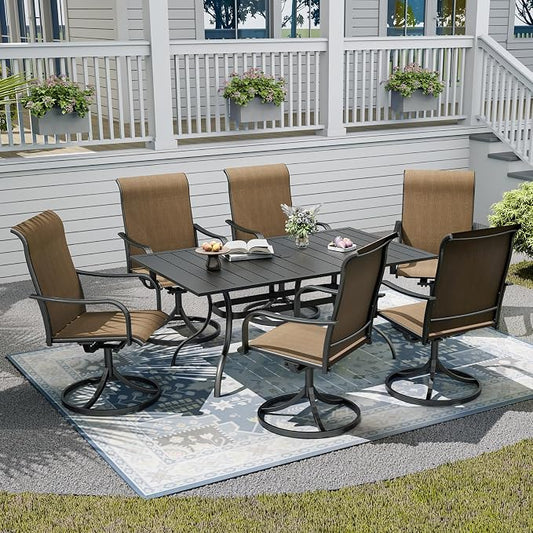 7-Piece Outdoor Dining Set with Umbrella Hole,63"x 38" Patio Table and Swivel Chairs Set for 6,Modern Garden Dining Set for Poolside Seaside Backyard