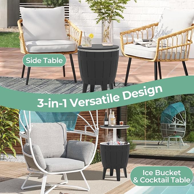 Giantex Cooler Side Table Outdoor, 10 Gallon Ice Cooler with Drainage Plug, Adjustable Height, 3-in-1 Cocktail Patio Par Table for Beer Wine Storage, Deck Pool Backyard Party, Black (Wood-Style)
