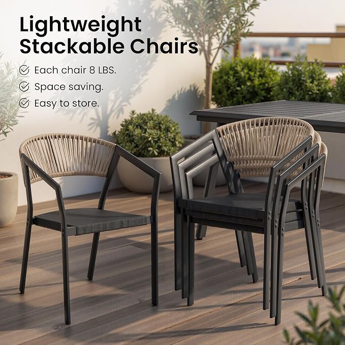 9-Piece Aluminum Square Patio Dining Set with 8 Stackable Wicker Chairs | 57" Outdoor Dining Table and with 8 Brown Barrel Chairs Weather Resistant Furniture for Backyard, Deck, Poolside