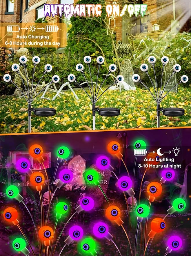 6 Pack Solar Halloween Decorations Outdoor 36 LED Solar Eyeball Lights | Orange Purple Green Halloween Lights, Sway by Wind, IP65 Waterproof, 2 Modes, for Pathway Garden Yard Lawn Horror Party Decor