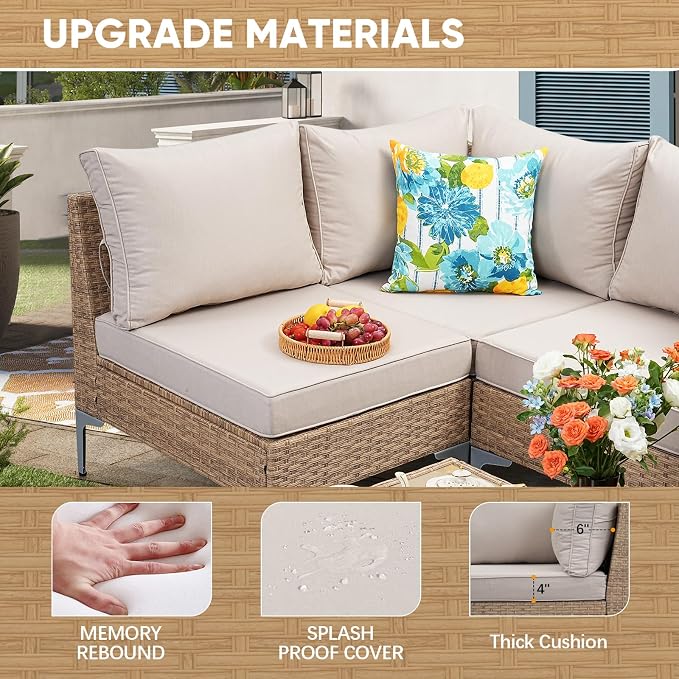 JOYURE 9 Piece Wicker Patio Furniture Set,Outdoor Conversation Sectional Sofa w/Coffee Table,All-Weather Outdoor Sofa with Thick and Anti-Slip Cushions for Deck,Poolside,Garden,Beige