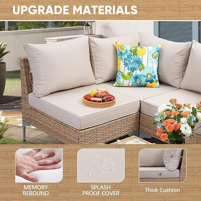 JOYURE 5 Piece Wicker Patio Furniture Set,Outdoor Conversation Sectional Sofa w/Coffee Table,All-Weather Outdoor Sofa with Thick and Anti-Slip Cushions for Deck,Poolside,Garden,Beige