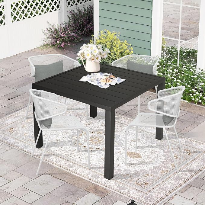 Domi Outdoor Dining Table for 4, Rectangular Metal Patio Table with Umbrella Hole for Deck Garden Lawn Backyard Use, Brown