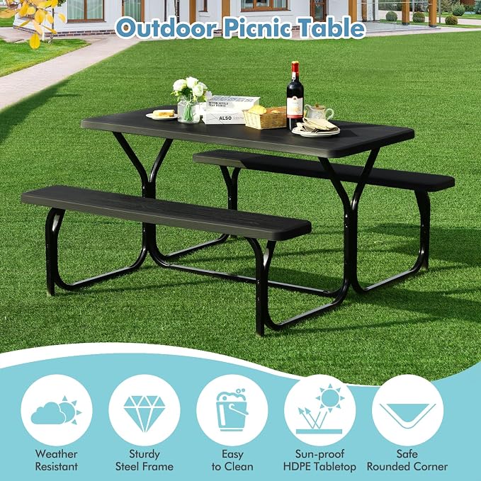 MEDIMALL Picnic Table, Portable Bench Set with Plastic Top & Metal Frame, All-Weather Large Camping Table for Outdoors, Backyard, Garden (Black)