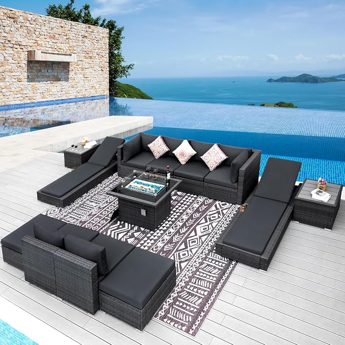 NICESOUL 13 Piece Patio Sectional w/Fire Pit, Modular Wicker Outdoor Couch w/Chaise Lounge, Large Size 29.3'' High-Back Deep Conversation Seating, All-Weather Backyard Movie Furniture, Dark Grey