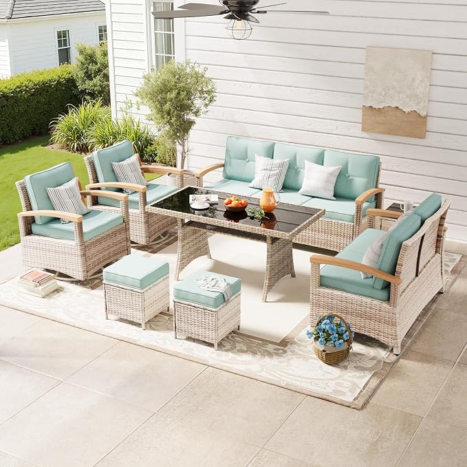 MEISSALIVVE 8 Pieces Patio Furniture Sets, PE Wicker Outdoor Conversation Sets with 2 Wood Armrests Swivel Rocker Chairs, 2 Ottomans, 2 Sofa and Dining Table (Blue)