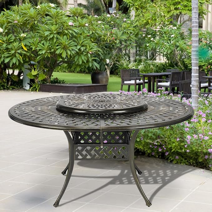 VIVIJASON Outdoor 61" Patio Dining Table for 6-8 Person, Patio Large Round Dining Table with Lazy Susan, All Weather Cast Aluminum Rustic Patio Table with 2" Umbrella Hole for Balcony, Porch and Deck