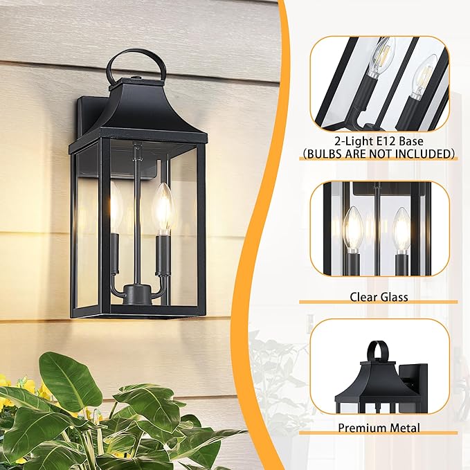 15" Black Outdoor Wall Lantern 2-Light, Outside Wall Sconce Light | Industrial Porch Light Wall Mount with E12 Sockets, Waterproof Modern Exterior Lamp Lighting, Black (No Sensor)