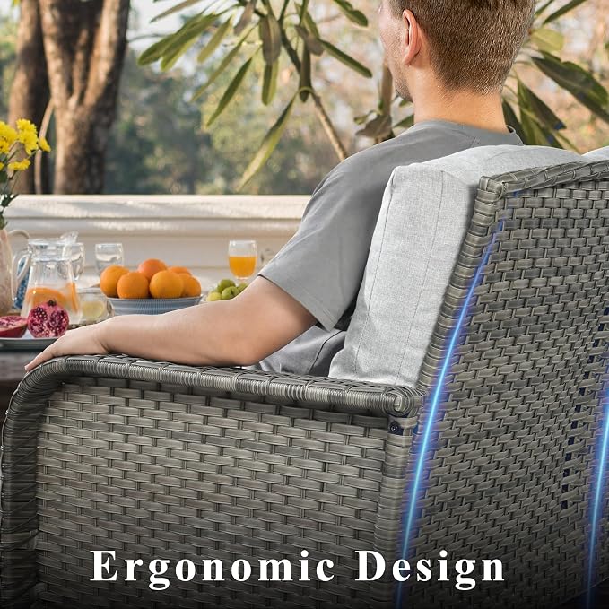 CAODOC 4-Piece Wicker Patio Furniture Set, All-Weather Rattan Conversation Bistro Loveseat Chair and Table Set for Backyard, Balcony and Deck with Soft Cushions and Metal Table(Gray)