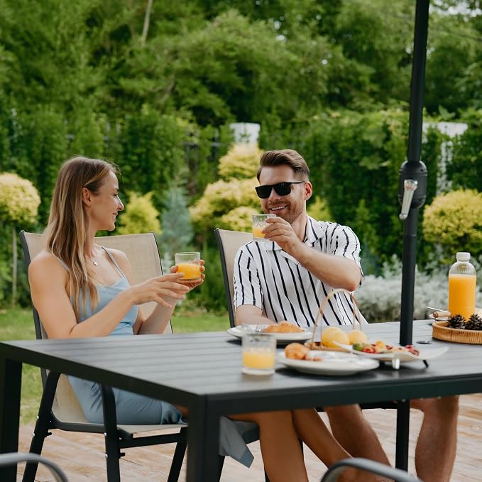 PIZZELLO Outdoor Dining Sets for 8, 83" Rectangular Dining Table with 8 Textilene Chairs, 9 Piece Patio Table and Chairs Set with Umbrella Hole for Patio, Garden, Backyard and Poolside (Grey)