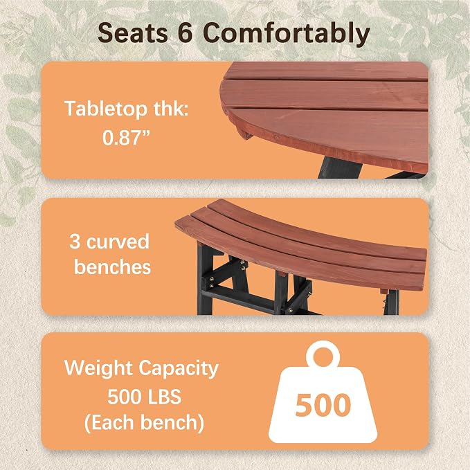 Thanaddo Wood Picnic Table, 43” Tabletop with Umbrella Hole, 3-6 Person Outdoor Wooden Picnic Table Bench Set for Patio, BBQ, Dining, Brown